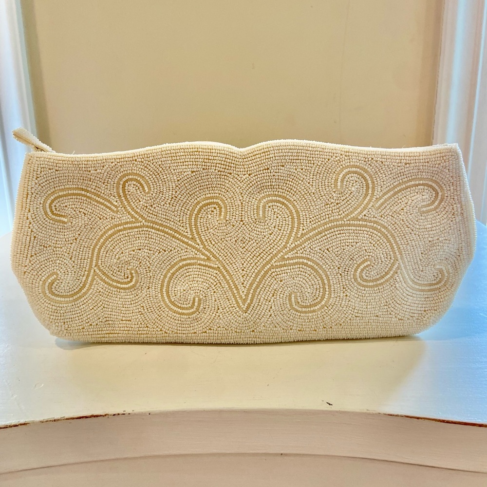 Hand-Beaded Beautiful White 50s Bag Clutch by Josef Vintage Pearl Seedbeads